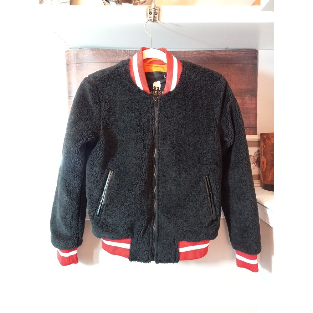 American Stitch Black Fleece Red/white Trim Lined Long Sleeve Jacket Size Small